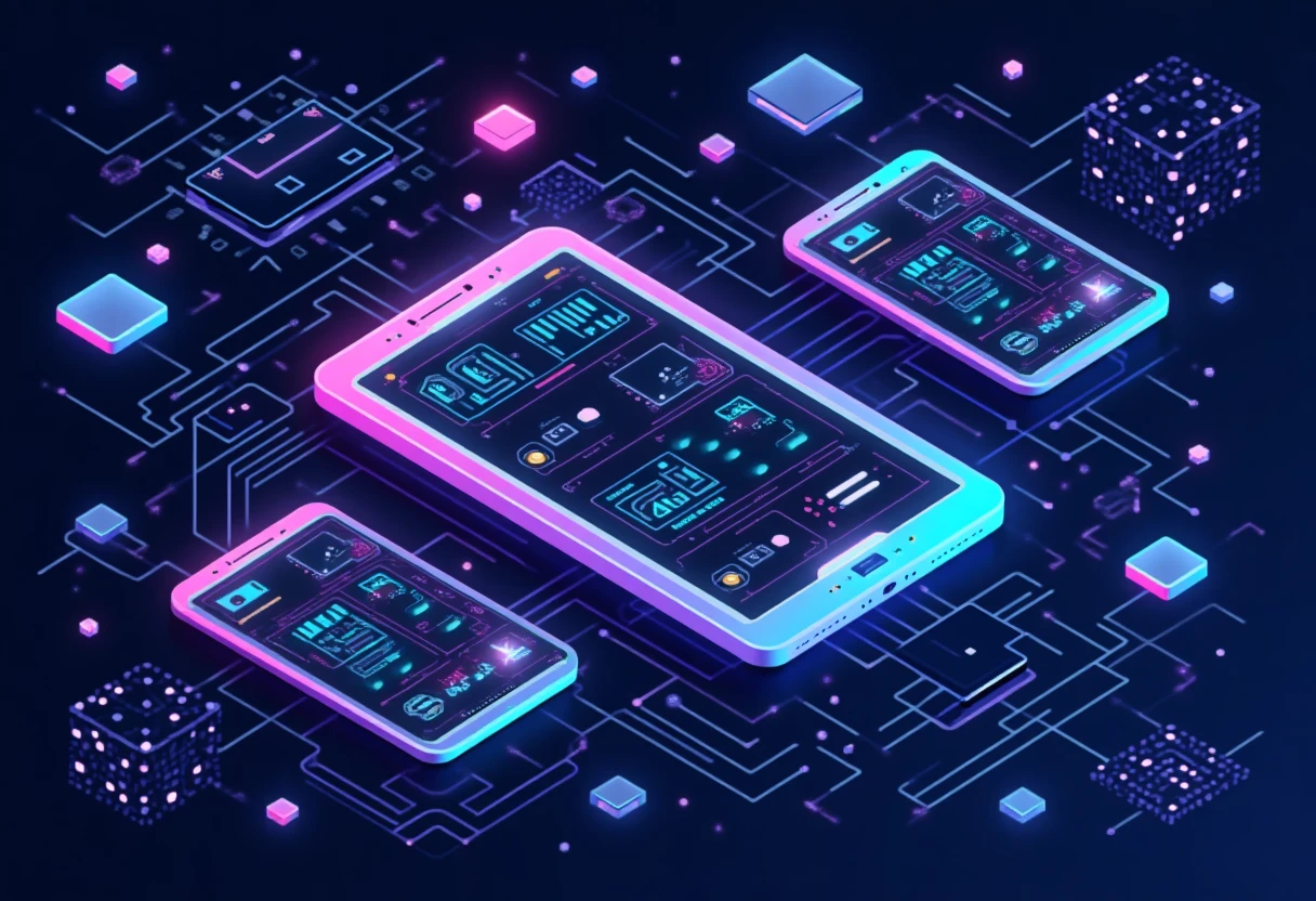 Neon app tiles on dark background